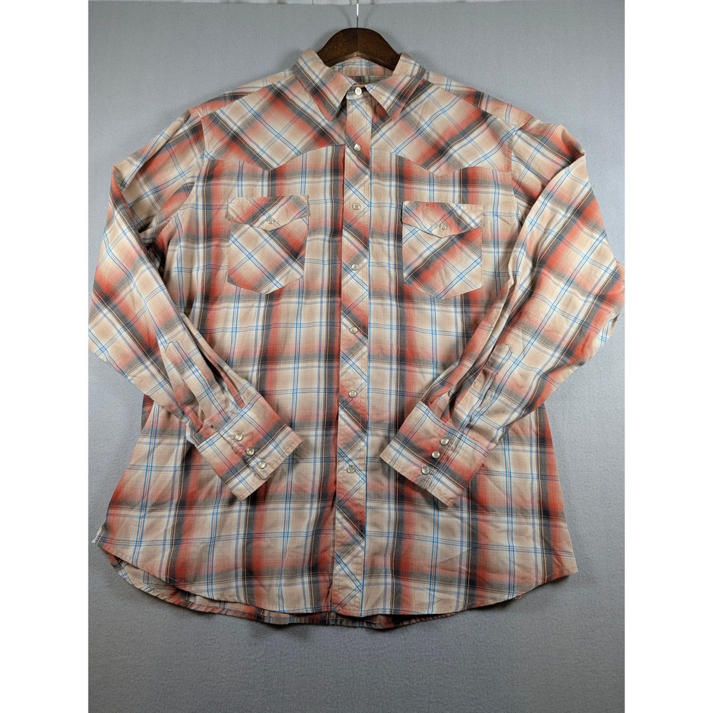 Wrangler Western Fashion Snap Shirt Mens XL Orange Plaid Pearl Snap WM176KH - Picture 2 of 9